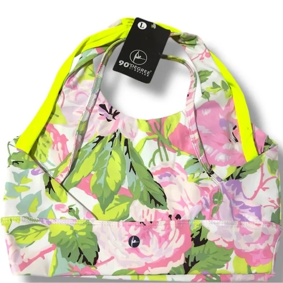 90 Degree | NWT $44 White Pink Green Floral Neon Sports Bra (size L) - Picture 3 of 6